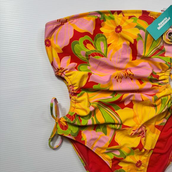 Retro Strapless Floral One Piece Swimsuit Women’s Large NWT 70s Bandeau Dopamine - Picture 3 of 16